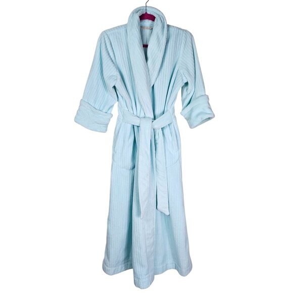 Soft Surroundings Plush Ice Blue Bathrobe M Petite Textured Fleece Wrap Robe - Picture 1 of 10